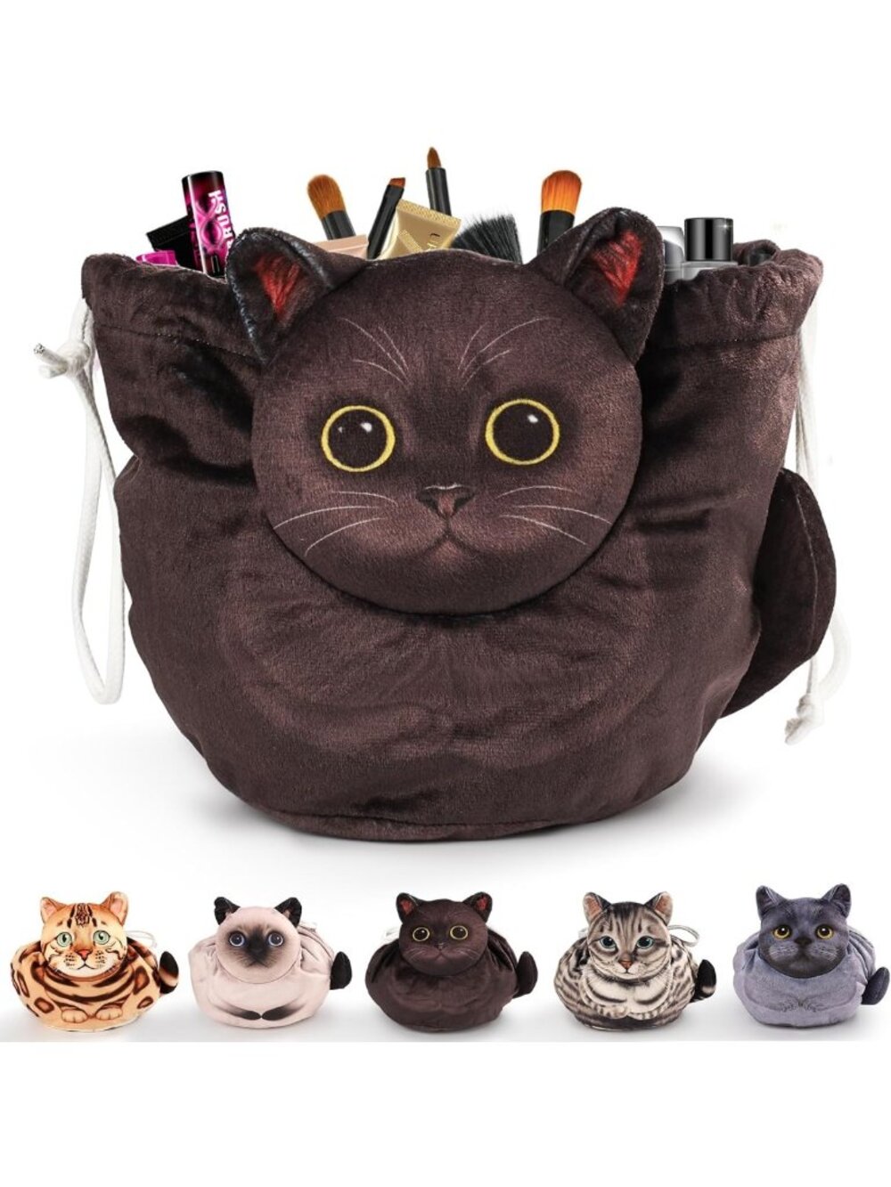 Cat-Themed Drawstring Makeup Bag | Travel Cosmetic Organizer & Pouch for Women